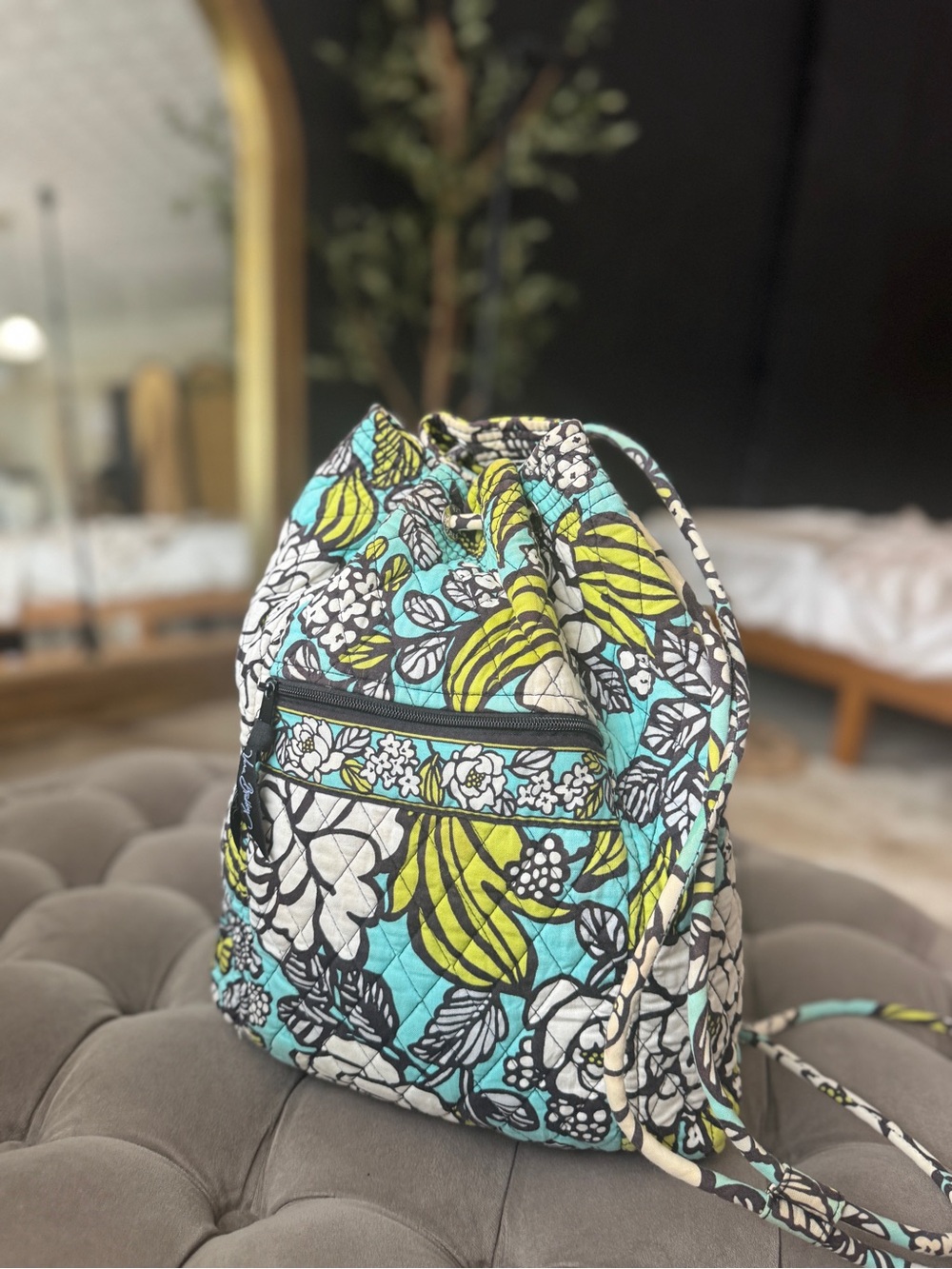 Vera Bradley Quilted Floral Drawstring Backpack - Turquoise, Lime & White